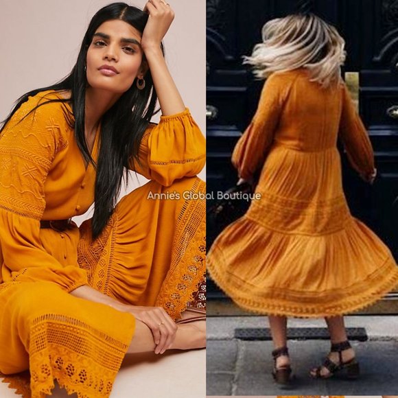 RARE NWT ANTHROPOLOGIE Golden Peasant Embroidered Maxi Dress. Size 4 - Picture 12 of 16